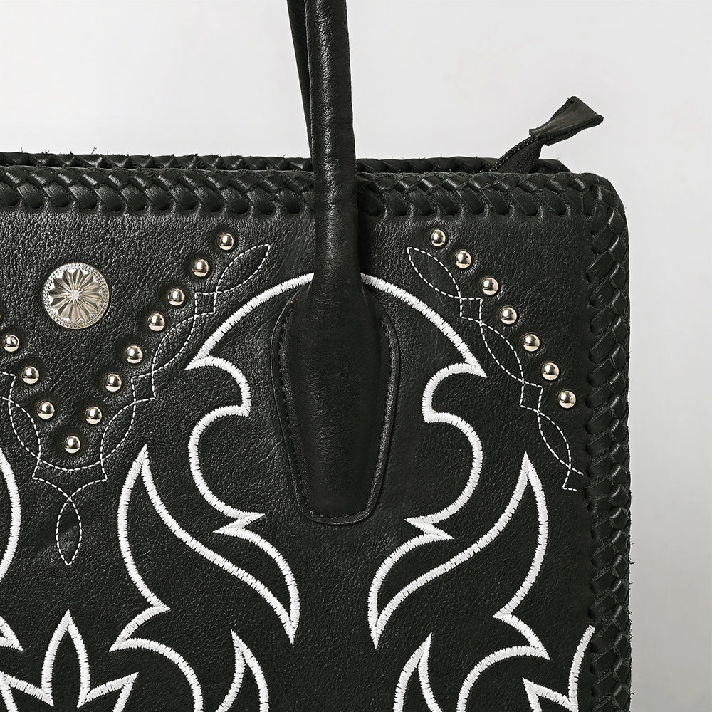 ADBGM762 Western Tote Bag - Black Leather with White Embroidery, Stud Accents & Braided Whipstitch Trim