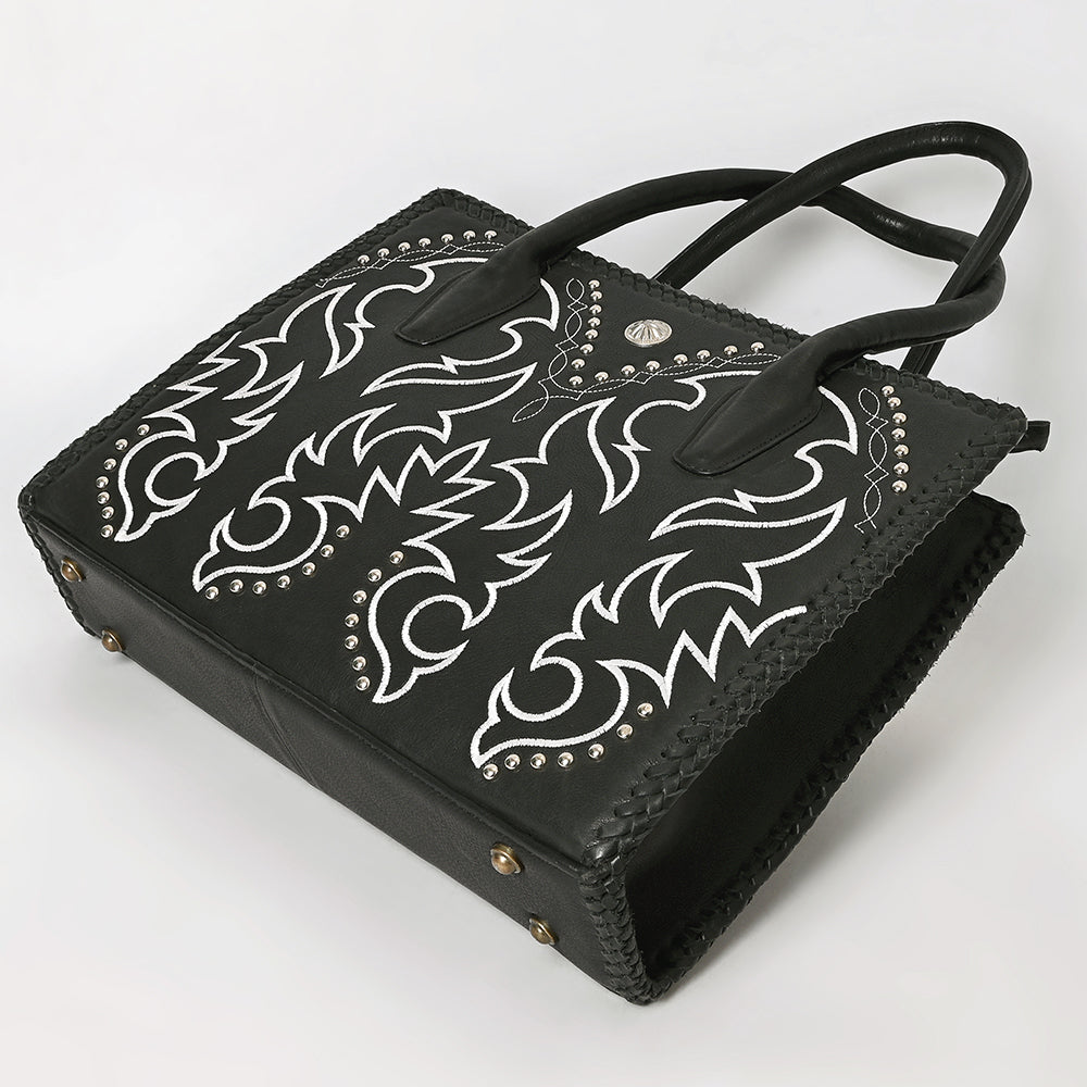 ADBGM762 Western Tote Bag - Black Leather with White Embroidery, Stud Accents & Braided Whipstitch Trim