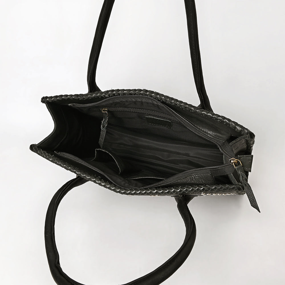 ADBGM762 Western Tote Bag - Black Leather with White Embroidery, Stud Accents & Braided Whipstitch Trim