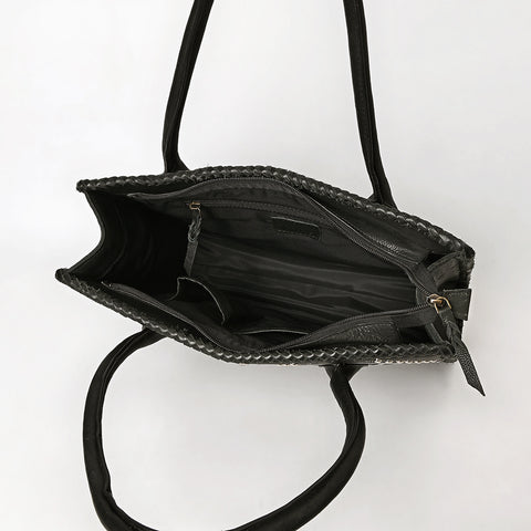ADBGM762 Western Tote Bag - Black Leather with White Embroidery, Stud Accents & Braided Whipstitch Trim