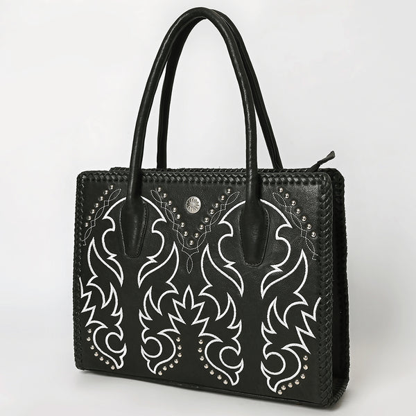 ADBGM762 Western Tote Bag - Black Leather with White Embroidery, Stud Accents & Braided Whipstitch Trim