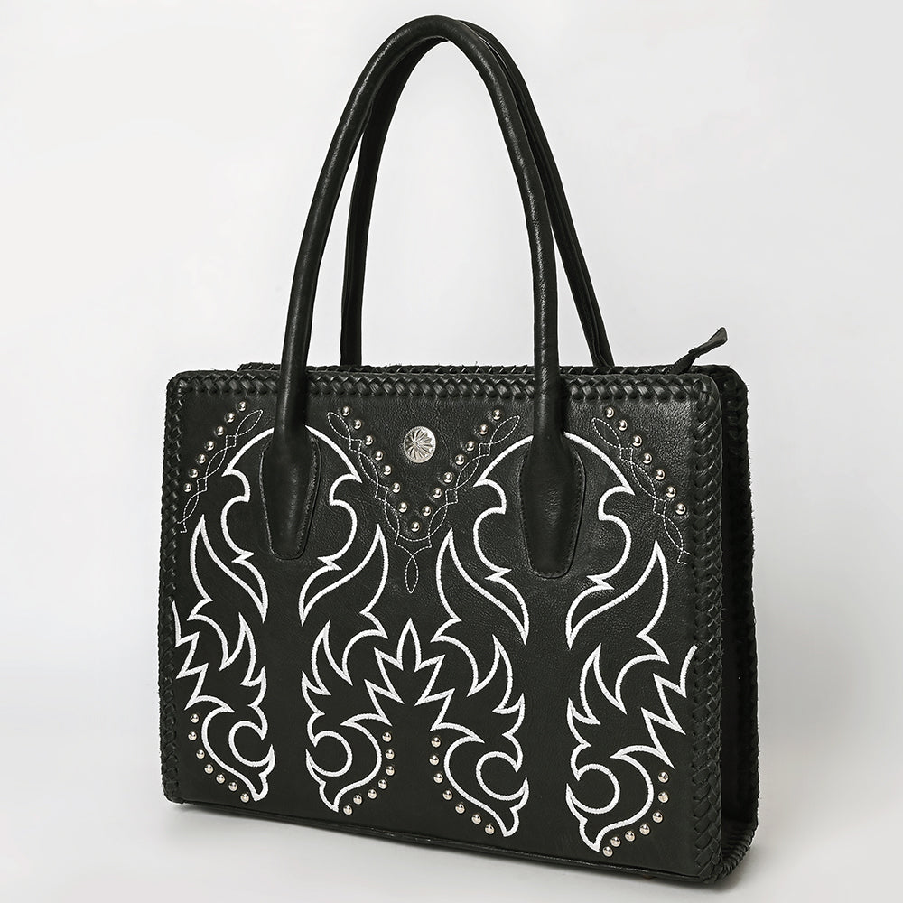 ADBGM762 Western Tote Bag - Black Leather with White Embroidery, Stud Accents & Braided Whipstitch Trim