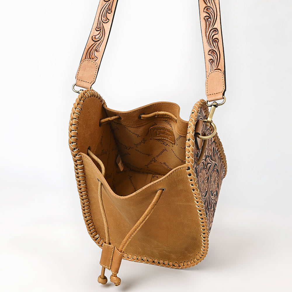 ADBGA854 Tooled Leather Sling Bag - Western Floral Hand-Carved Crossbody with Whipstitch Edges