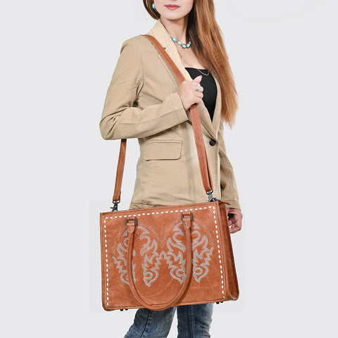 American Darling Western Tote Bag in Boot Stitched Genuine Suede and Full Grain Leather