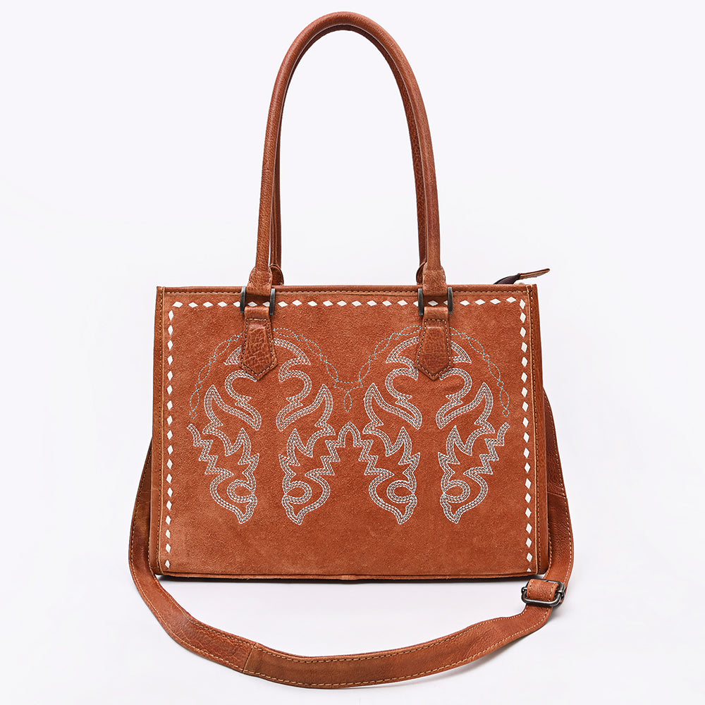 ADBG1744 Genuine suede Western Tote with White Embroidered Stitching & Diamond Whipstitch Trim