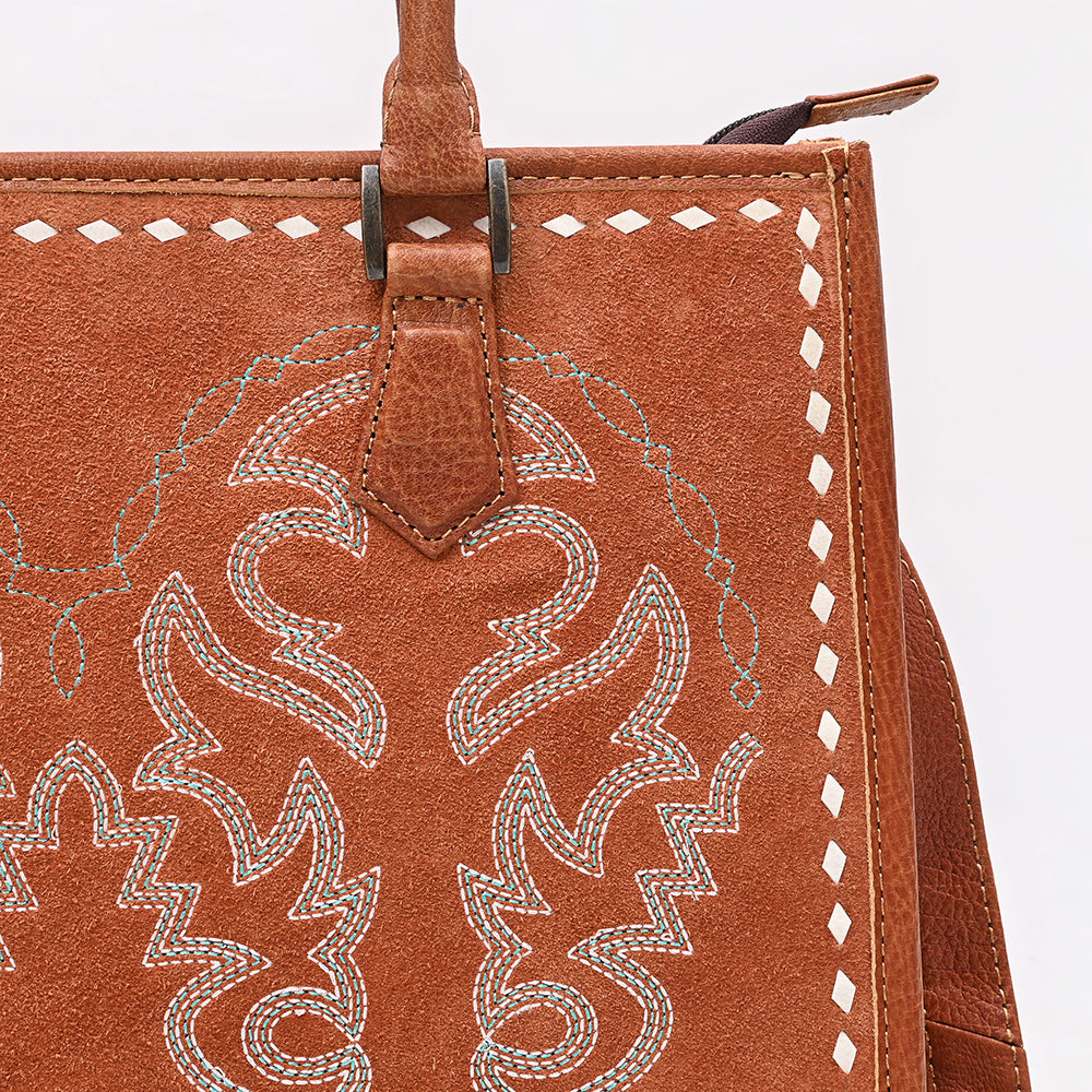 ADBG1744 Genuine suede Western Tote with White Embroidered Stitching & Diamond Whipstitch Trim