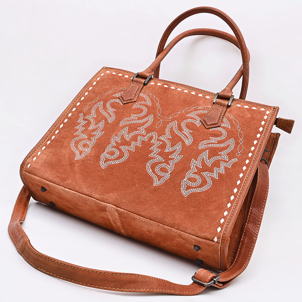 ADBG1744 Genuine suede Western Tote with White Embroidered Stitching & Diamond Whipstitch Trim