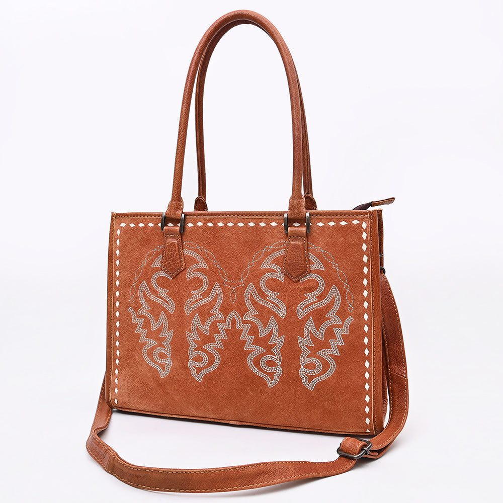 ADBG1744 Genuine suede Western Tote with White Embroidered Stitching & Diamond Whipstitch Trim