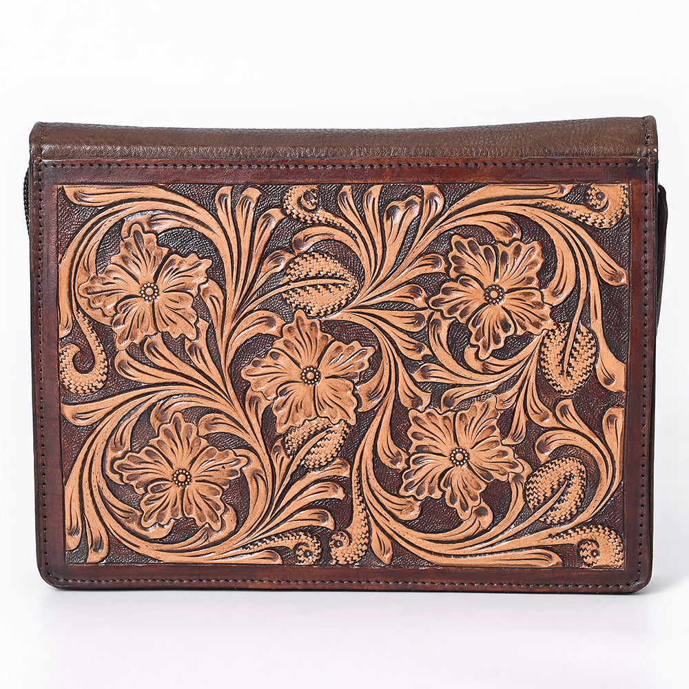 ADBGM768 Hand-Tooled Leather Portfolio - Western Floral Carved Clutch in Chestnut Brown