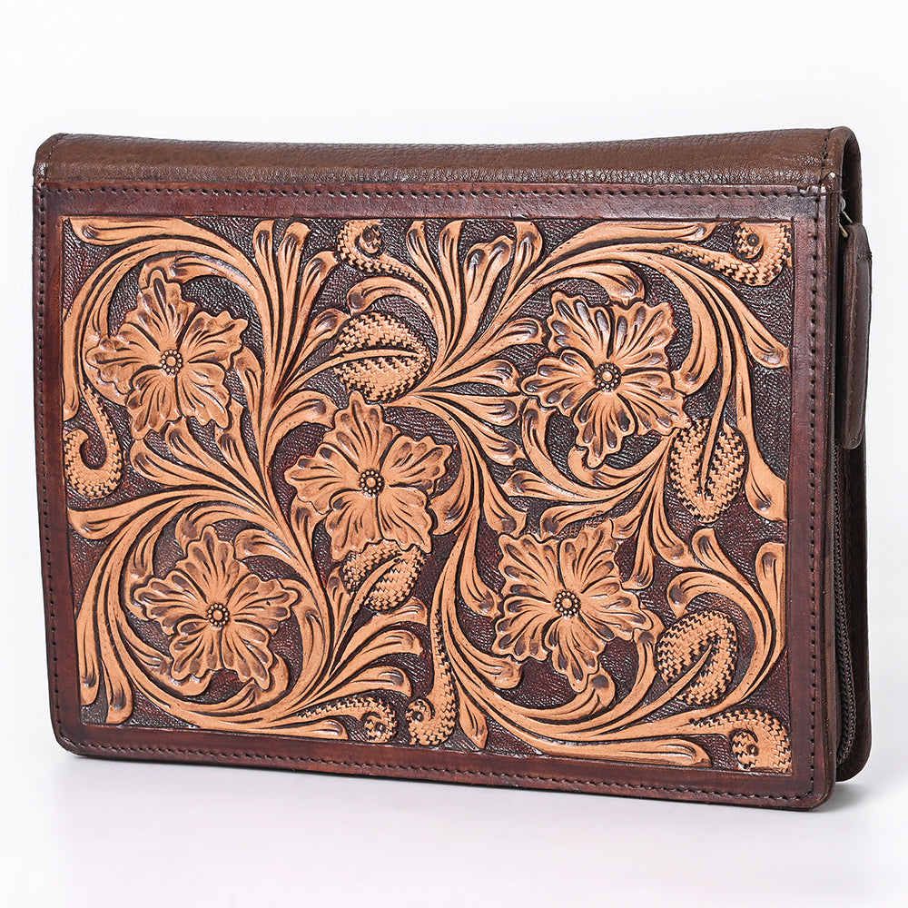 ADBGM768 Hand-Tooled Leather Portfolio - Western Floral Carved Clutch in Chestnut Brown