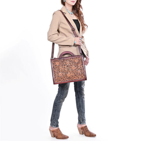 American Darling Hand Tooled Floral Carved Leather Western Briefcase Bag