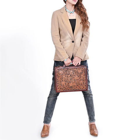 American Darling Hand Tooled Floral Carved Leather Western Briefcase Bag