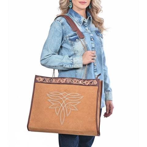American Darling Hand Tooled Floral Leather Tote Bag with Boot Stitched Detail