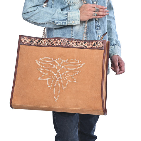American Darling Hand Tooled Floral Leather Tote Bag with Boot Stitched Detail