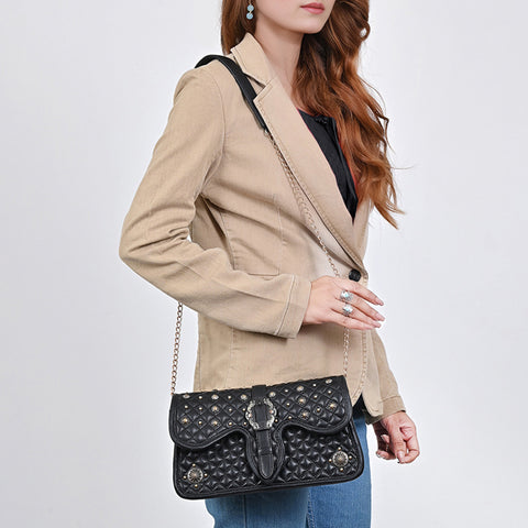 American Darling Quilted Leather Cross body Bag with Rivets and Concho Detail