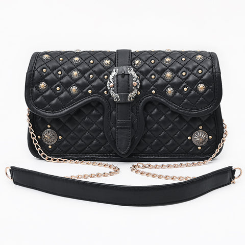 American Darling Quilted Leather Cross body Bag with Rivets and Concho Detail