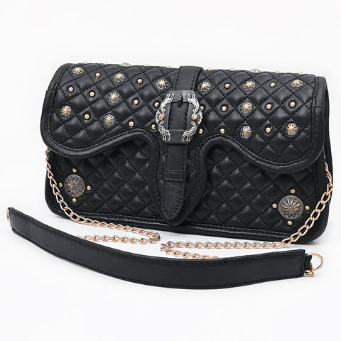 American Darling Quilted Leather Cross body Bag with Rivets and Concho Detail