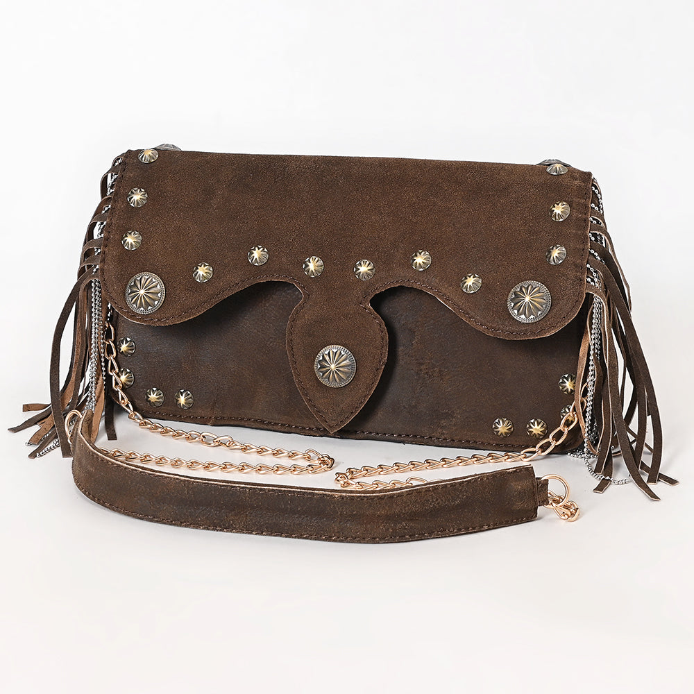 ADBGA872 Brown Genuine suede Fringe Clutch - Western Studded Concho Purse with Chain Strap
