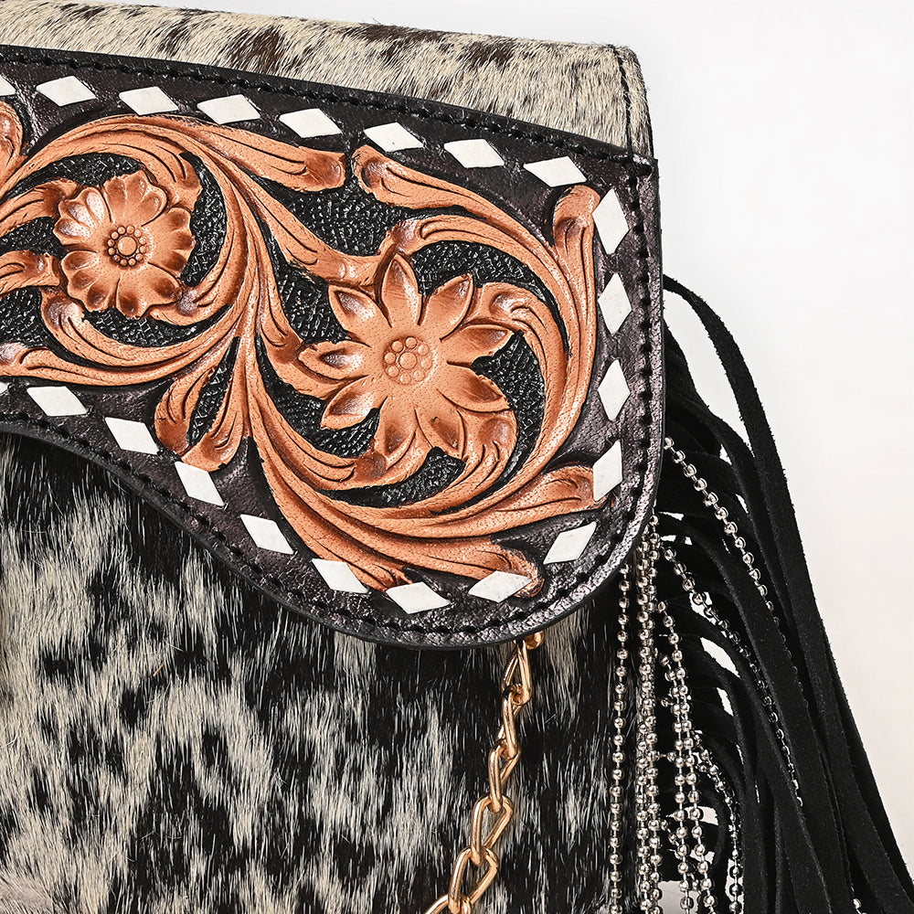 ADBGA876 Hair-On Hide & Tooled Leather Fringe Clutch - Western Floral Chain Strap Purse
