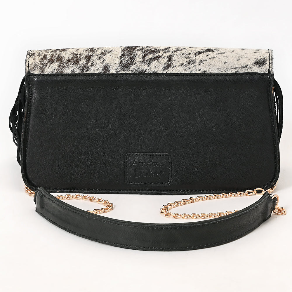 ADBGA876 Hair-On Hide & Tooled Leather Fringe Clutch - Western Floral Chain Strap Purse
