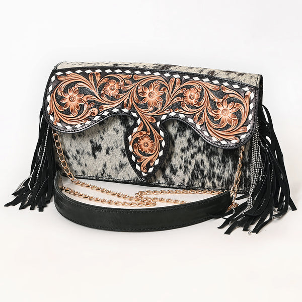 ADBGA876 Hair-On Hide & Tooled Leather Fringe Clutch - Western Floral Chain Strap Purse