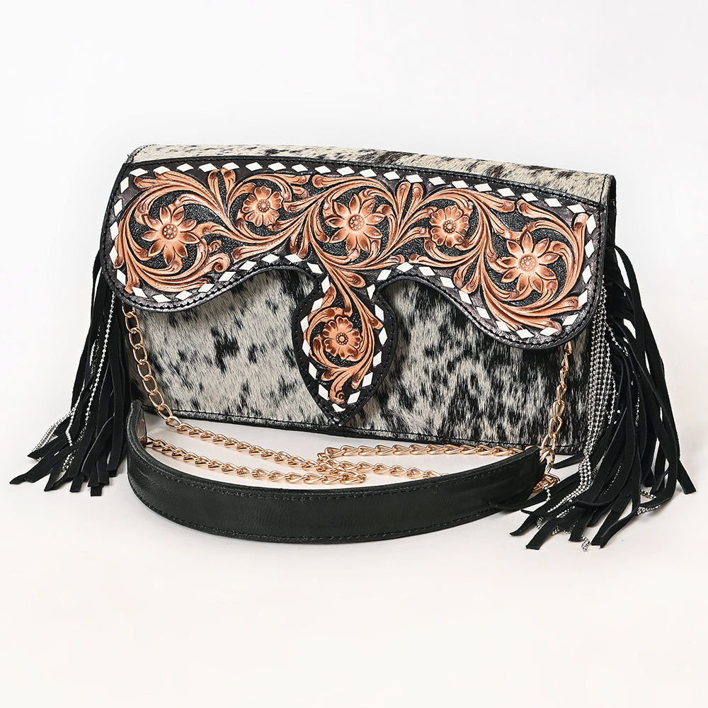 ADBGA876 Hair-On Hide & Tooled Leather Fringe Clutch - Western Floral Chain Strap Purse