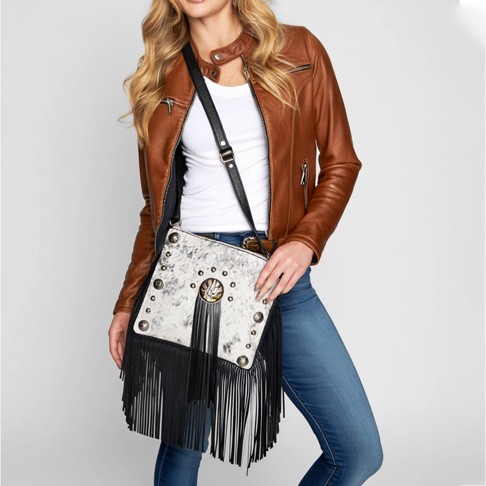 ADBGA880 Hair-On Hide Crossbody Fringe Bag - Western Cactus Concho with Stud Accents