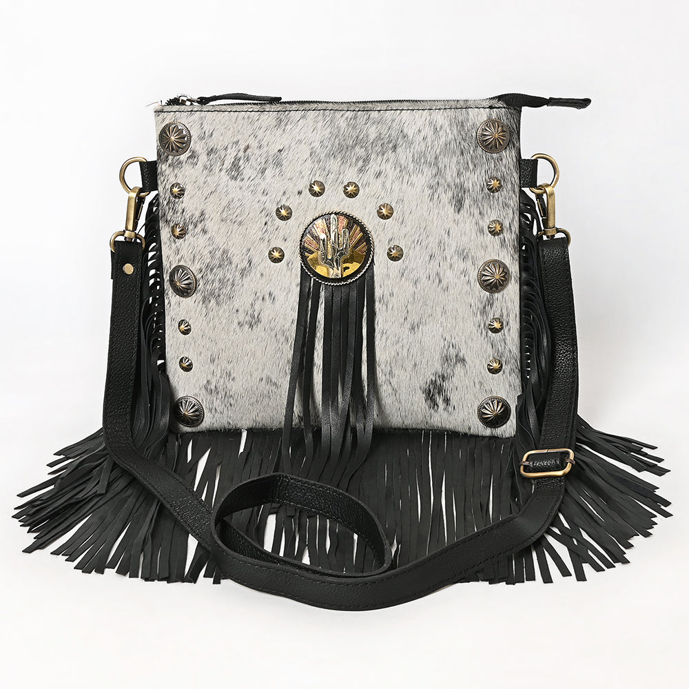 ADBGA880 Hair-On Hide Crossbody Fringe Bag - Western Cactus Concho with Stud Accents