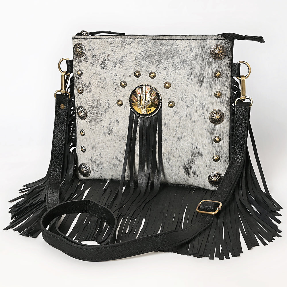 ADBGA880 Hair-On Hide Crossbody Fringe Bag - Western Cactus Concho with Stud Accents