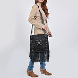 ADBGA881 Black Tooled Leather Fringe Crossbody - Western Concho & Turquoise Accent Bag