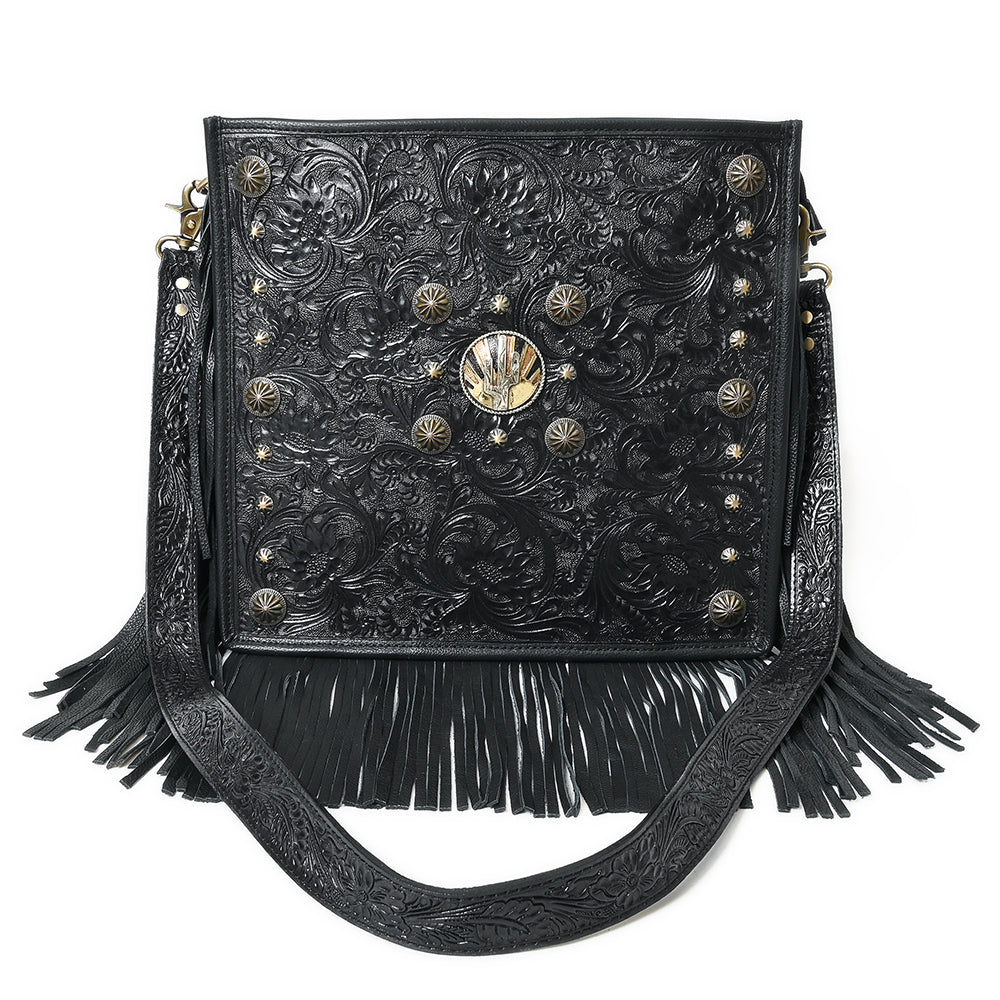 ADBGA881 Black Tooled Leather Fringe Crossbody - Western Concho & Turquoise Accent Bag