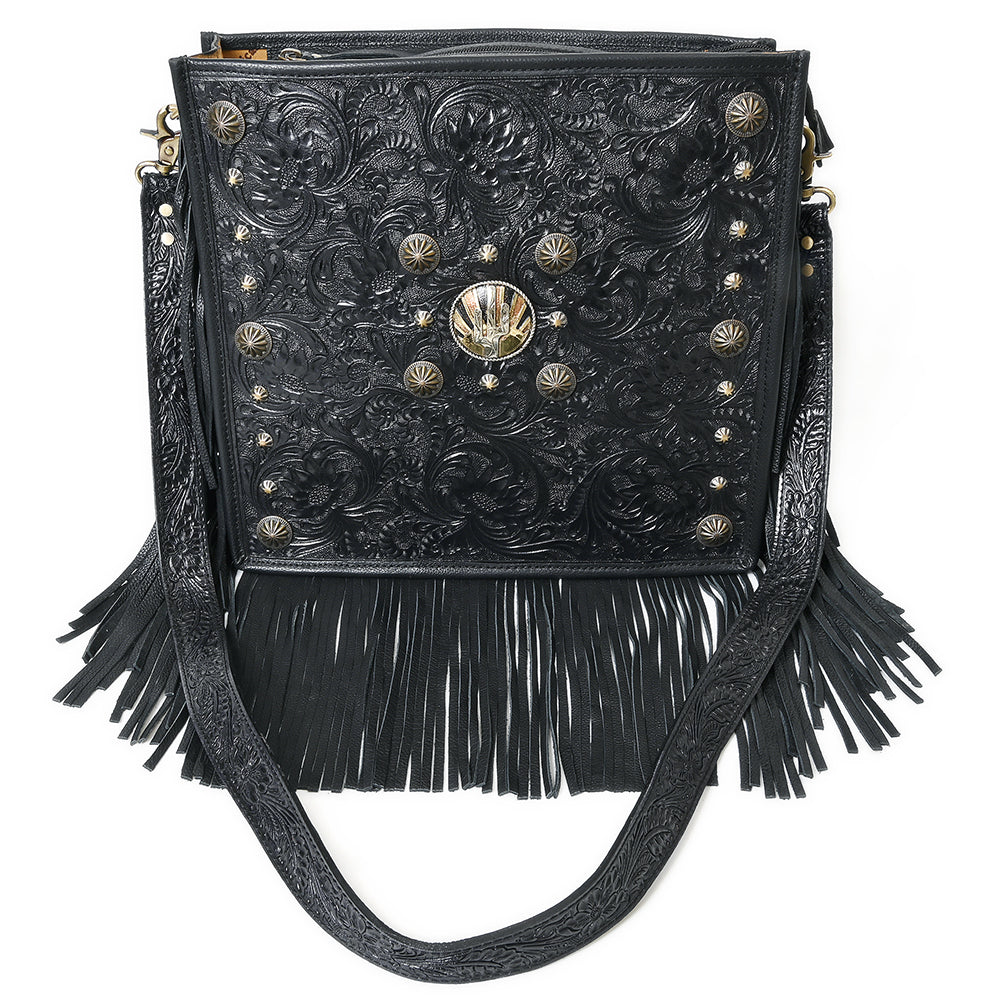ADBGA881 Black Tooled Leather Fringe Crossbody - Western Concho & Turquoise Accent Bag