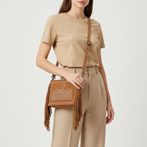 American Darling Western Genuine Suede Leather Crossbody Bag with Fringe & Buck Stitch Detailing