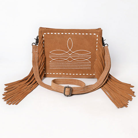 American Darling Western Genuine Suede Leather Crossbody Bag with Fringe & Buck Stitch Detailing