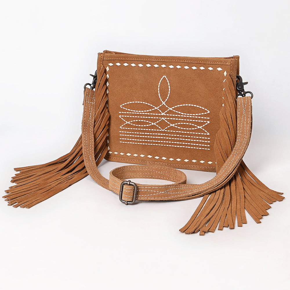 ADBG1572 Genuine suede Fringe Crossbody - White Stitch Western Bag