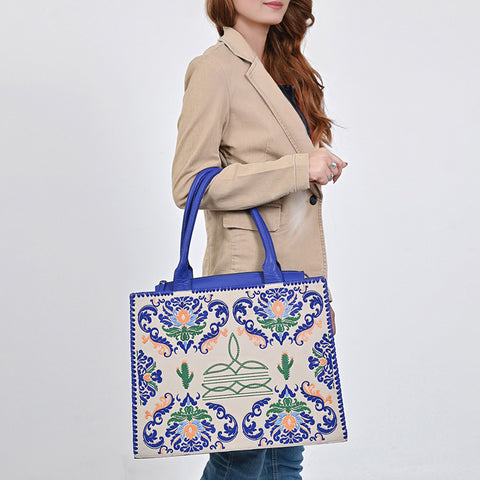 American Darling Western Embroidered Leather Tote Bag - Blue Accents & Handcrafted Detail