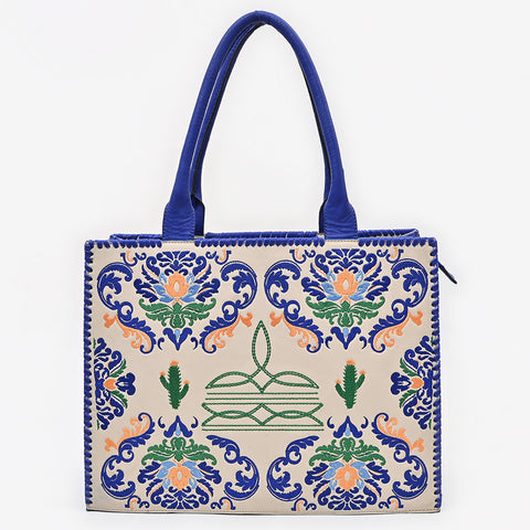 American Darling Western Embroidered Leather Tote Bag - Blue Accents & Handcrafted Detail