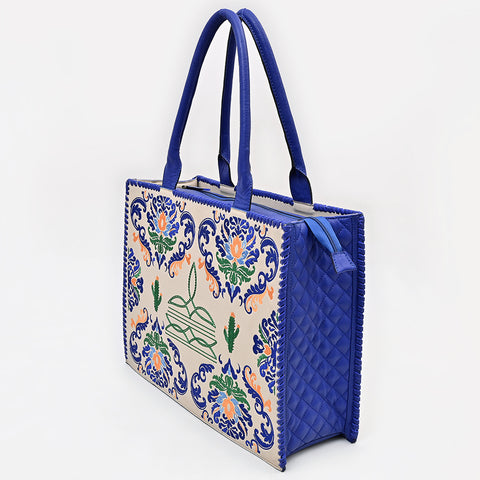 American Darling Western Embroidered Leather Tote Bag - Blue Accents & Handcrafted Detail
