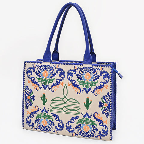 American Darling Western Embroidered Leather Tote Bag - Blue Accents & Handcrafted Detail
