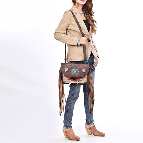 American Darling Hand Woven Saddle Blanket & Fringed Leather Western Cross body Bag