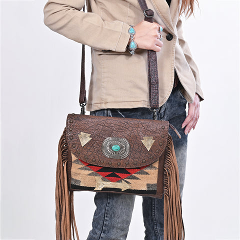 American Darling Hand Woven Saddle Blanket & Fringed Leather Western Cross body Bag