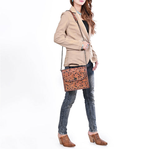 American Darling Hand Tooled Floral Carved Leather Western Cross body Bag with Chain Strap