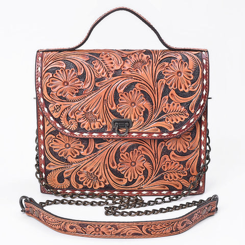 American Darling Hand Tooled Floral Carved Leather Western Cross body Bag with Chain Strap