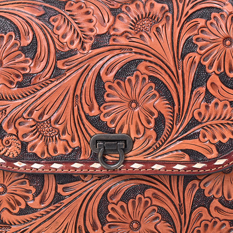 American Darling Hand Tooled Floral Carved Leather Western Cross body Bag with Chain Strap