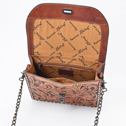 American Darling Hand Tooled Floral Carved Leather Western Cross body Bag with Chain Strap