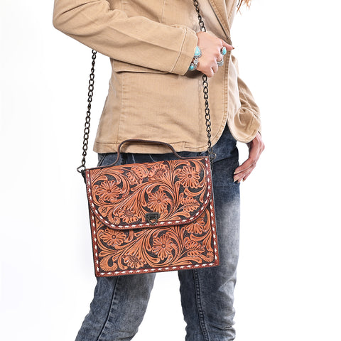 American Darling Hand Tooled Floral Carved Leather Western Cross body Bag with Chain Strap