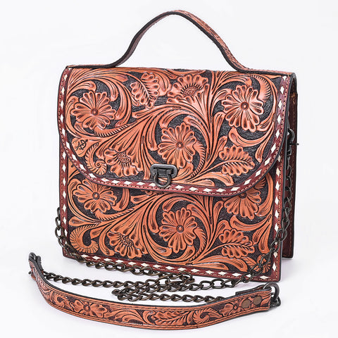 American Darling Hand Tooled Floral Carved Leather Western Cross body Bag with Chain Strap