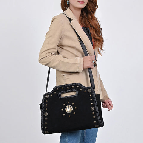 American Darling Western Suede Leather Clutch Bag with Braided Trim & Concho Accents