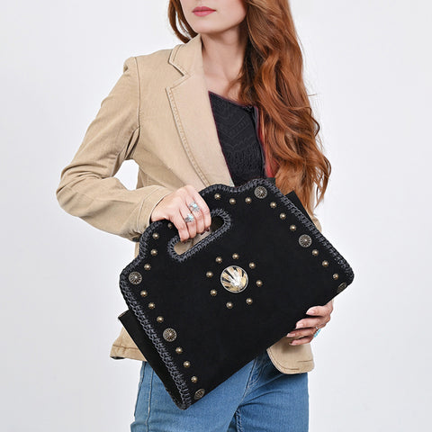 American Darling Western Suede Leather Clutch Bag with Braided Trim & Concho Accents