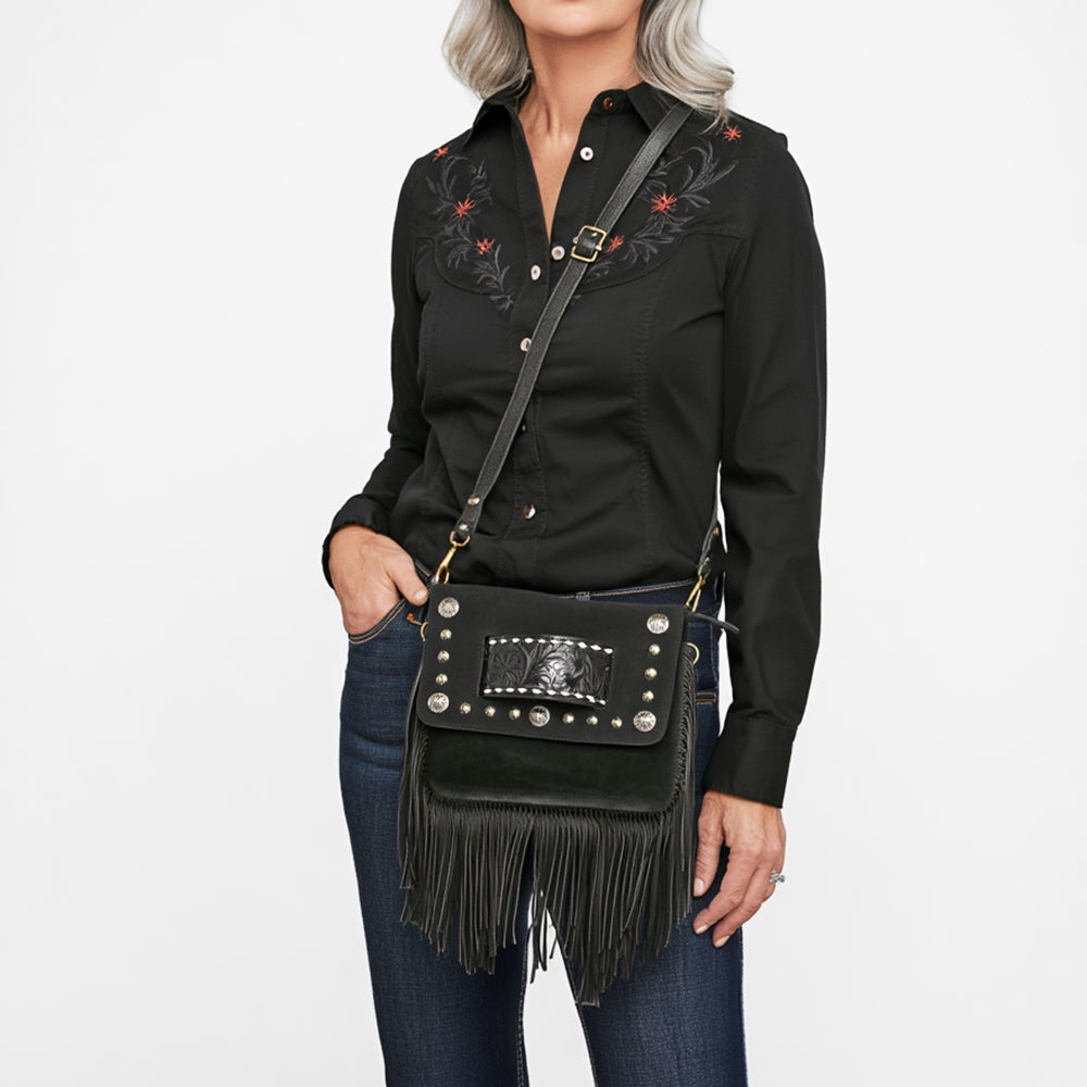 ADBGA906 Black Genuine suede Crossbody Bag - Tooled Leather Inlay with Fringe & Concho Studs